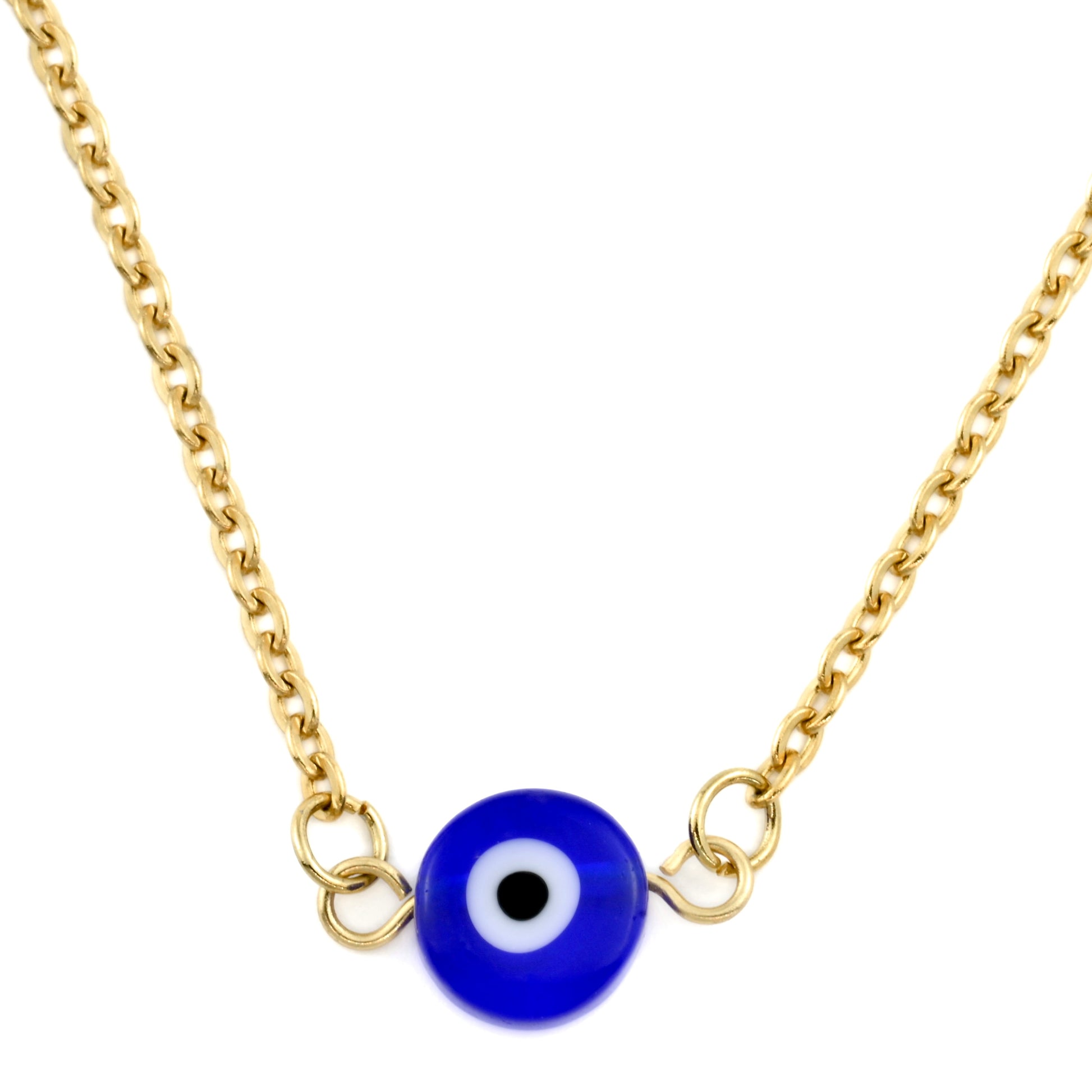 Close-up view of gold cable chain necklace with a blue evil eye charm connector on a white background