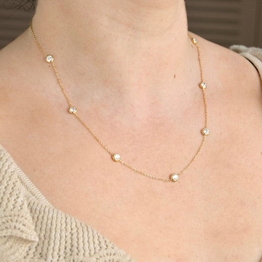 Gold Bezel Station Necklace - Stainless Steel - 18"