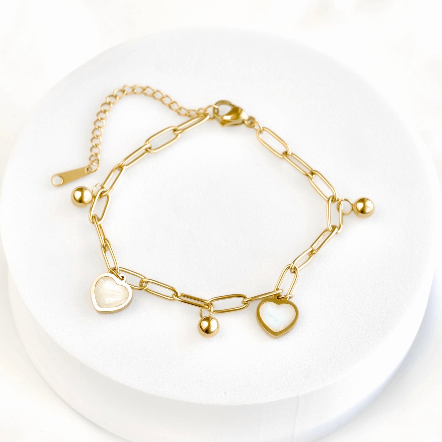 Gold Shell Inlay Paperclip Heart Bracelet - Stainless Steel