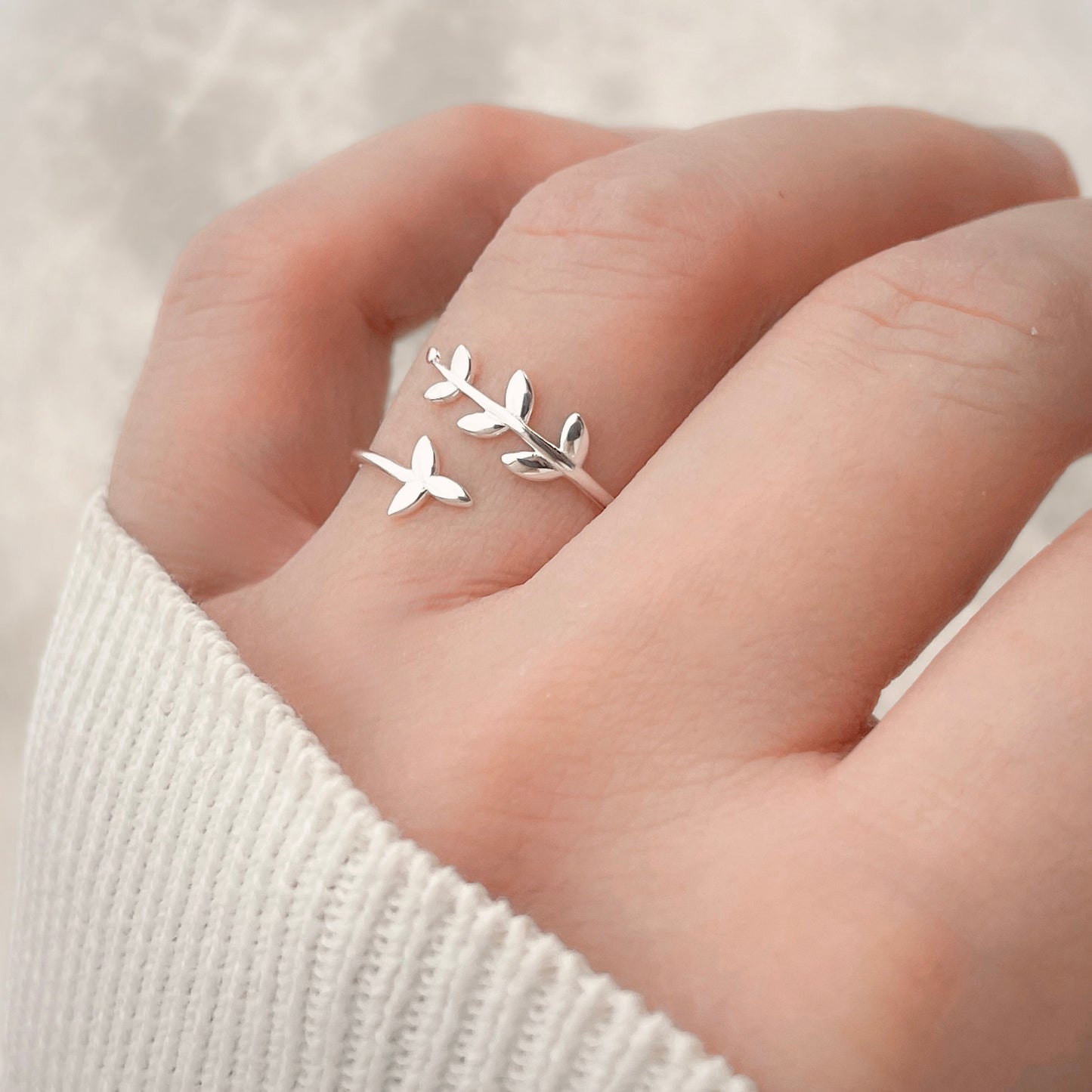 Dainty Silver Olive Branch Ring - 925 Sterling Silver - Adjustable