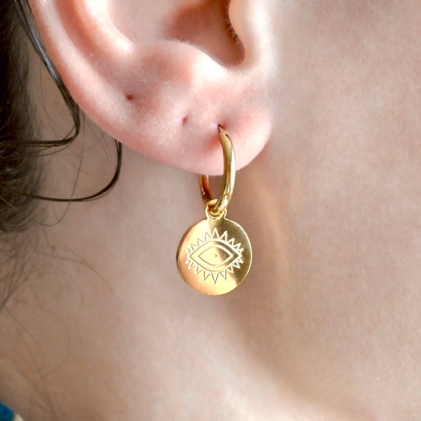 Boho Evil Eye Coin Charm Hoop Earrings - Stainless Steel