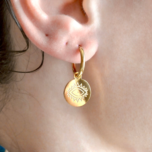 Boho Evil Eye Coin Charm Hoop Earrings - Stainless Steel