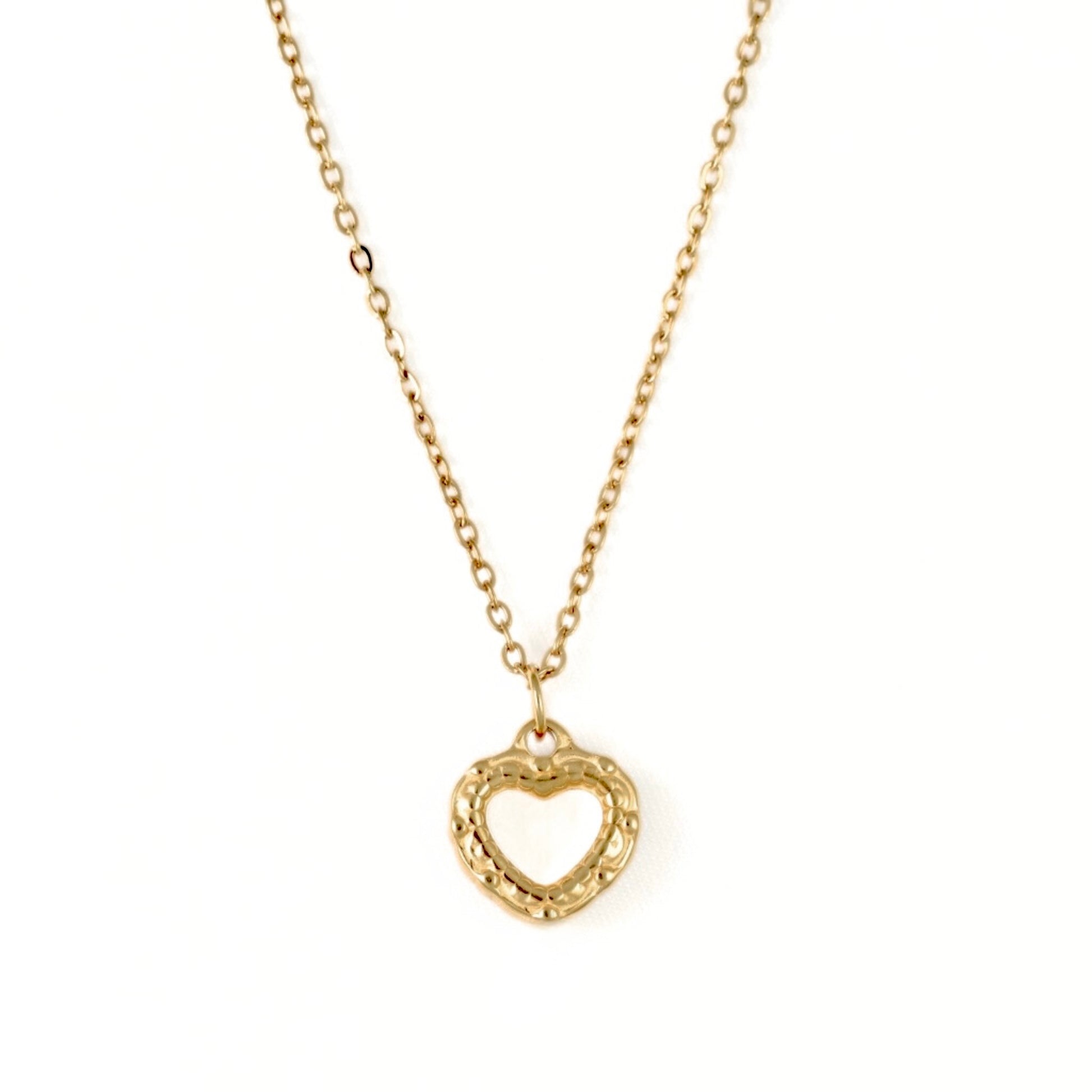 A delicate gold chain necklace featuring a textured heart-shaped pendant, displayed against a clean white background.