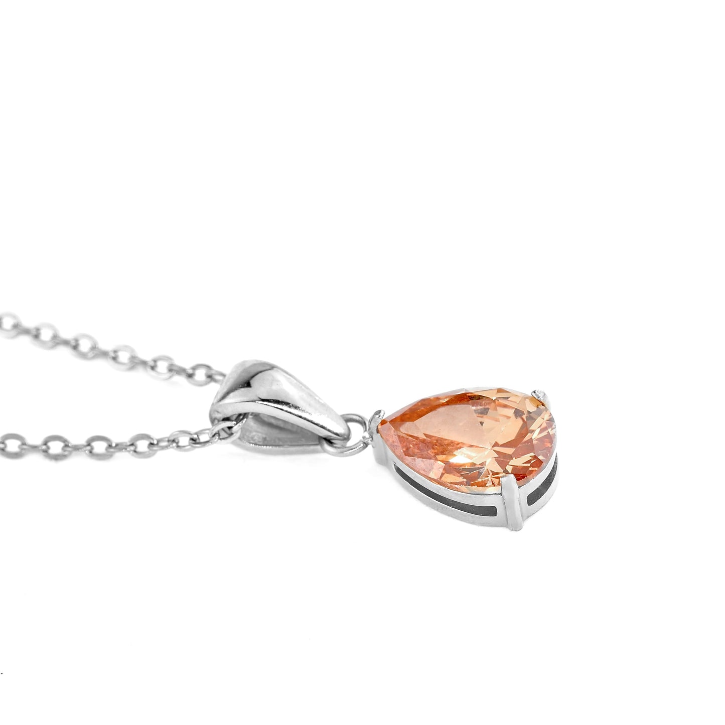 Necklace with a teardrop-shaped orange gemstone on a white background