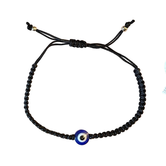 Evil Eye Bracelet, Black Braided and Thread Slider Bracelet with Initial Charm, Infant, Kid and Adult Size