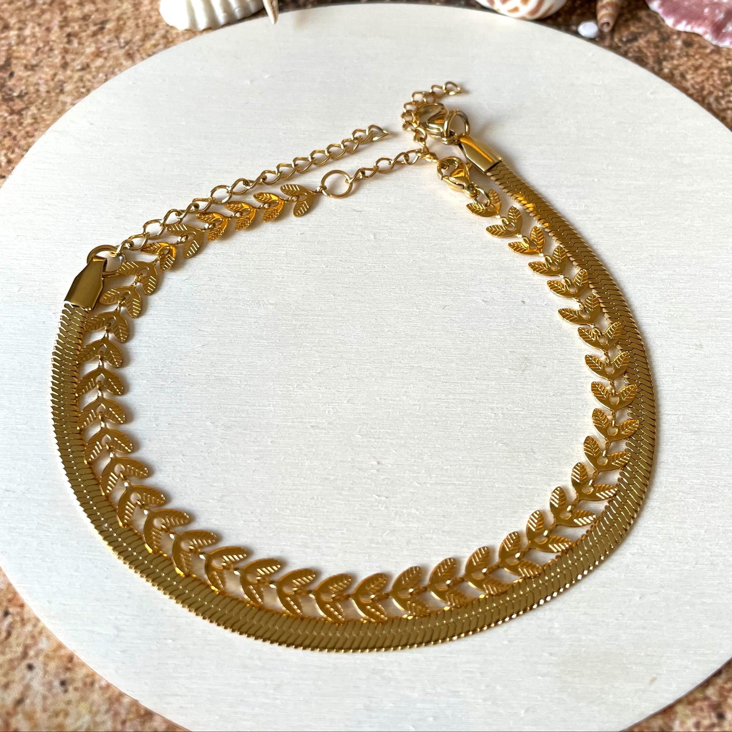 Herringbone Anklet Set - Gold Leaf and Snake Chain Ankle Bracelets, Stainless Steel