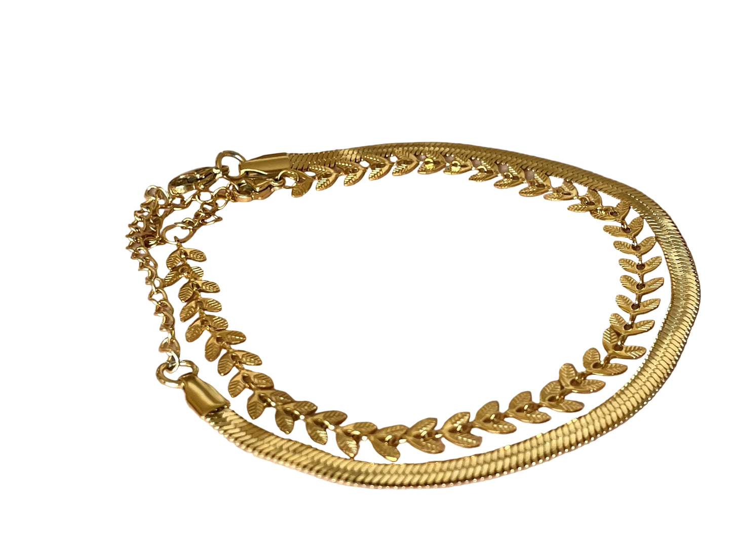 Herringbone Anklet Set - Gold Leaf and Snake Chain Ankle Bracelets, Stainless Steel