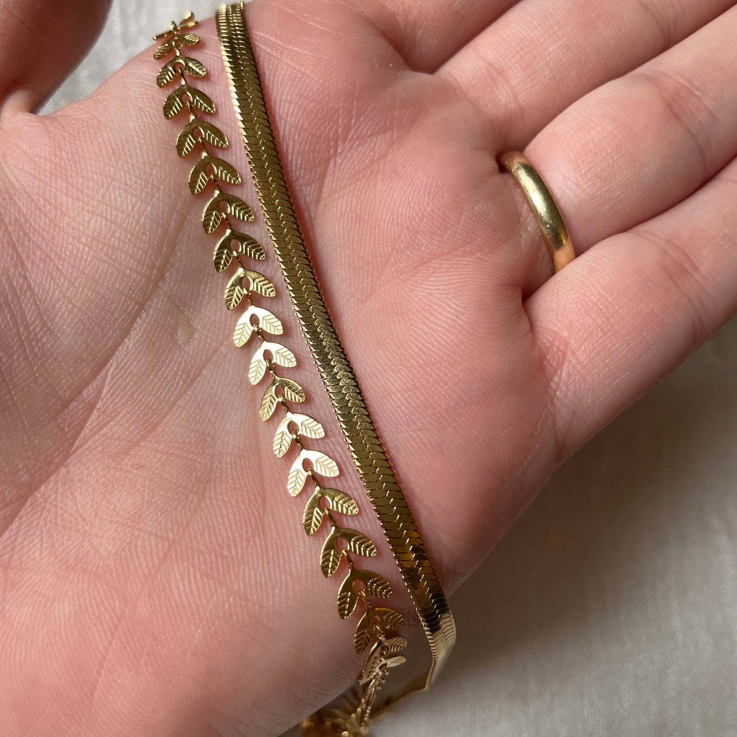 Herringbone Anklet Set - Gold Leaf and Snake Chain Ankle Bracelets, Stainless Steel