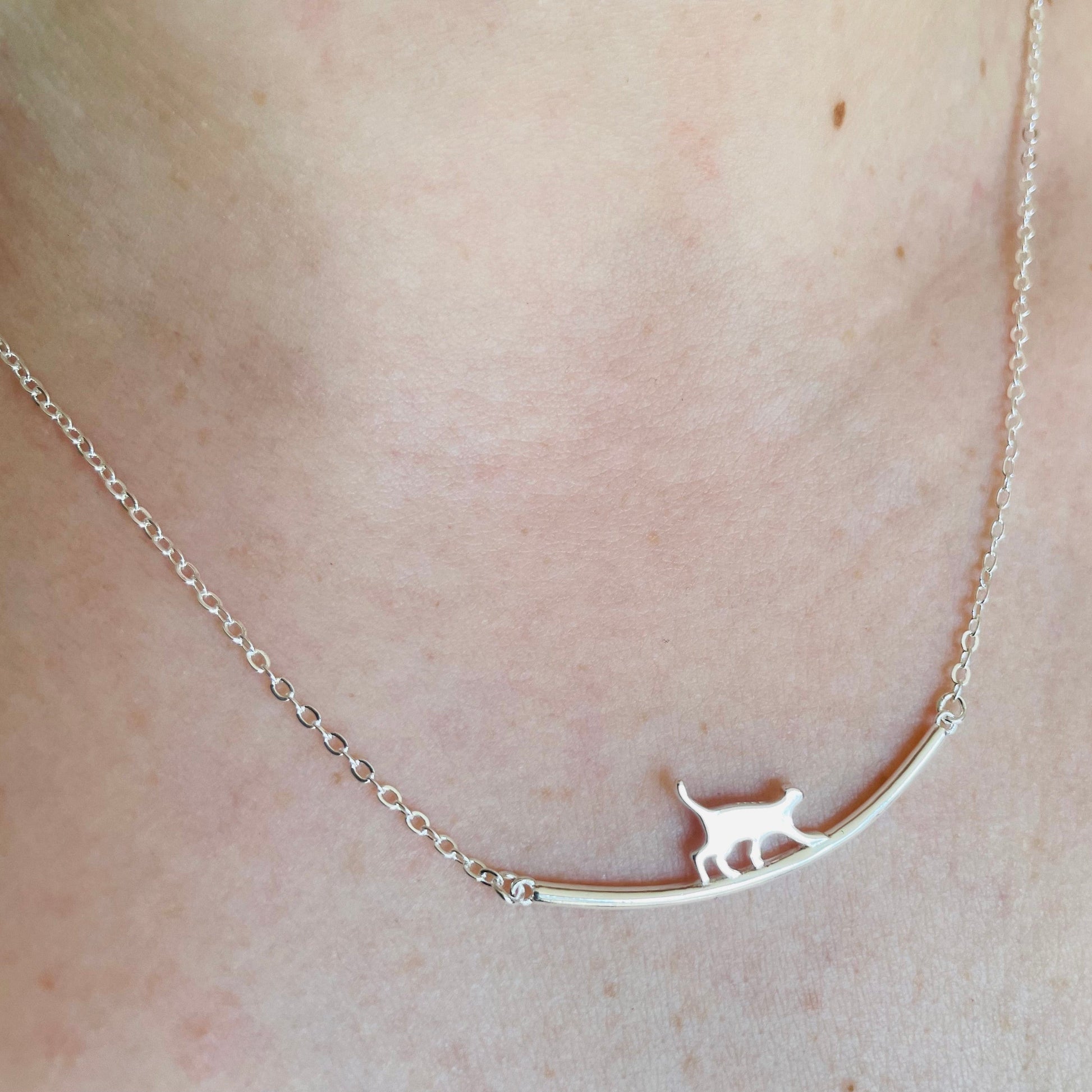 Silver necklace with a cat pendant on a person's neck
