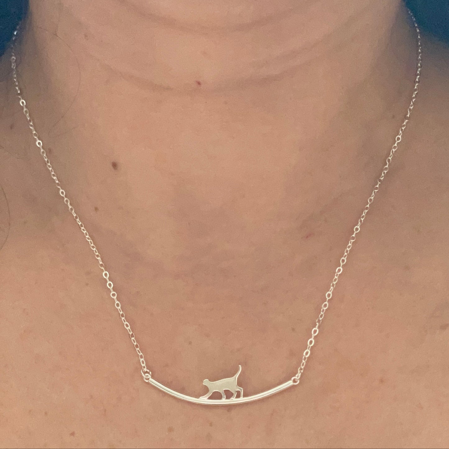 Silver necklace with a cat silhouette on a person's neck