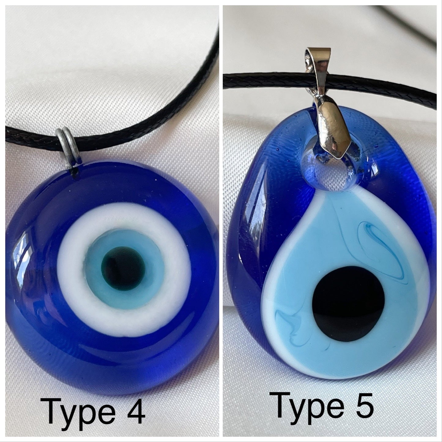Two blue evil eye pendants labeled Type 4 and Type 5 on a white background.