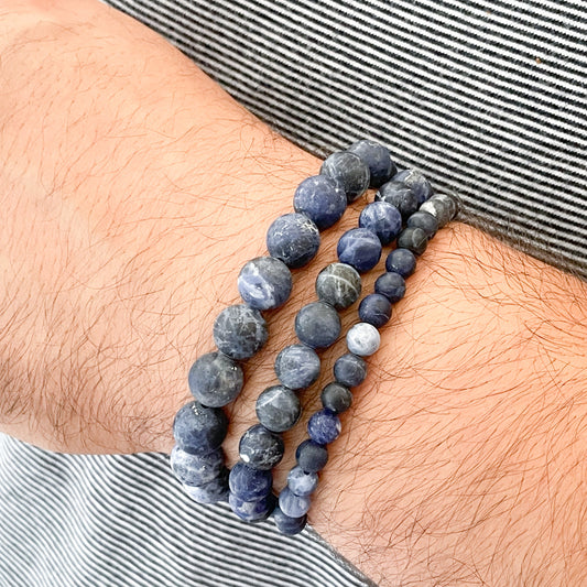 Sodalite Bracelet, Men's Blue Gemstone Bracelet, Personalized with Initial Charm