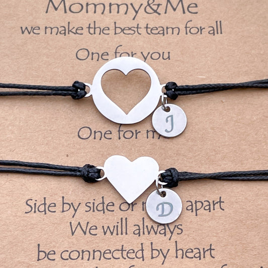 Black Cord Silver Heart Bracelet Set - Stainless Steel - Engravable