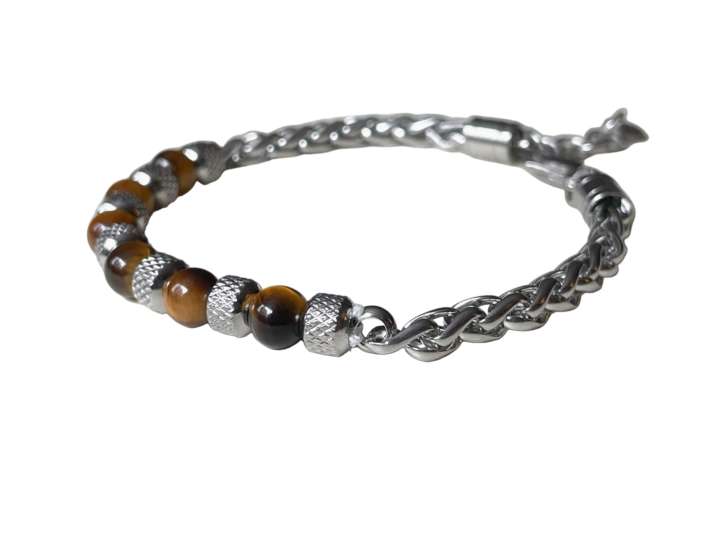 Close-up side view of silver wheat chain links on the bracelet with brown tiger eye beads on a light gray background