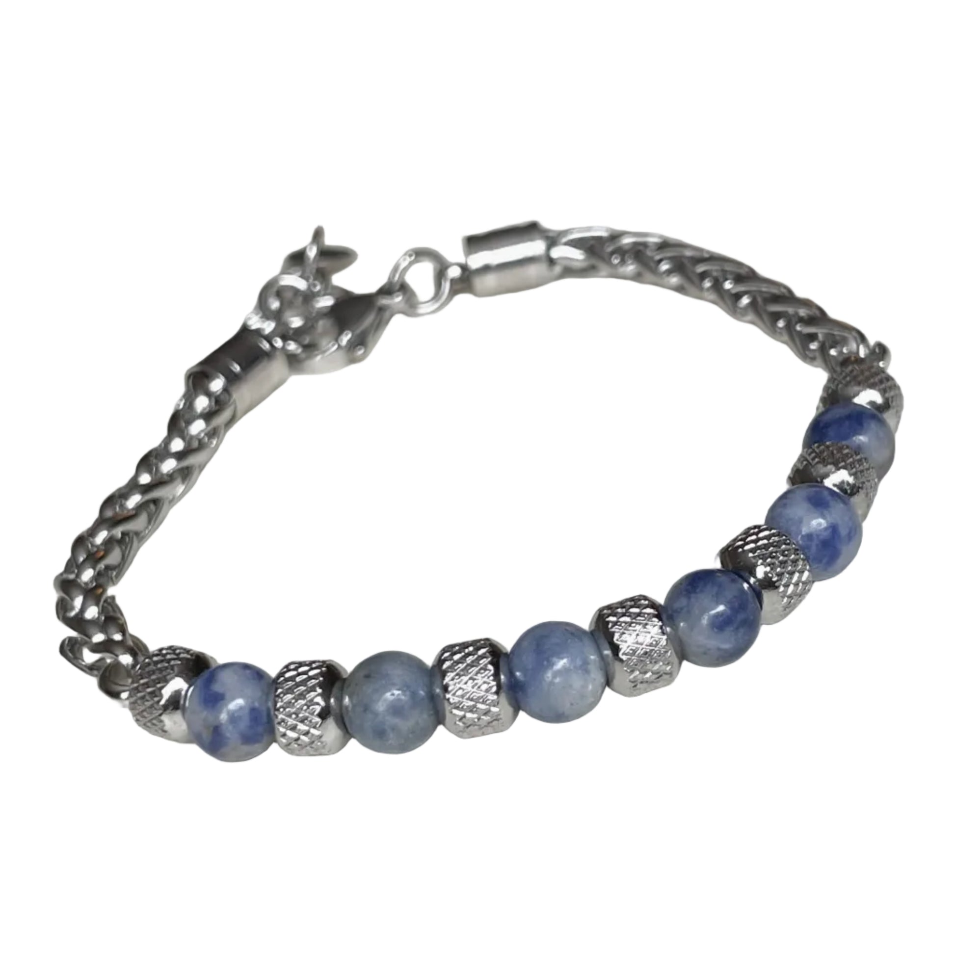 Silver bracelet with round sodalite stones on a white background