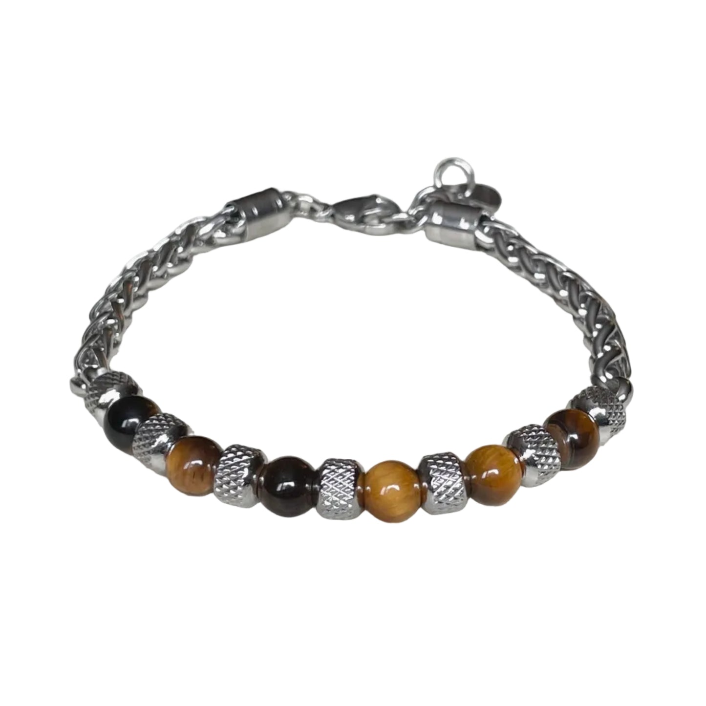 Top view of bracelet with  tiger eye stones on a white background