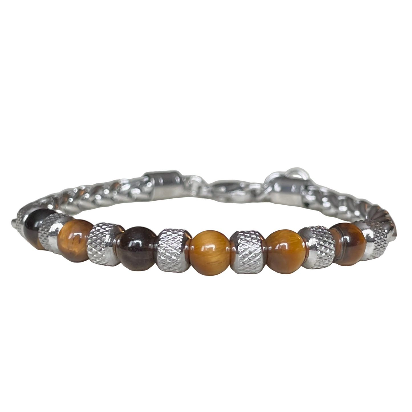 Front close-up view of silver bracelet with brown and silver beads on a white background