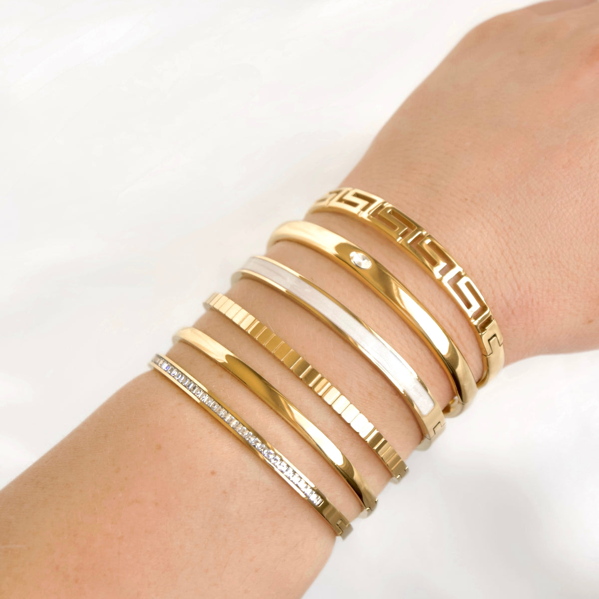 Mixed Motif Gold Hinged Bangle Set - Stainless Steel