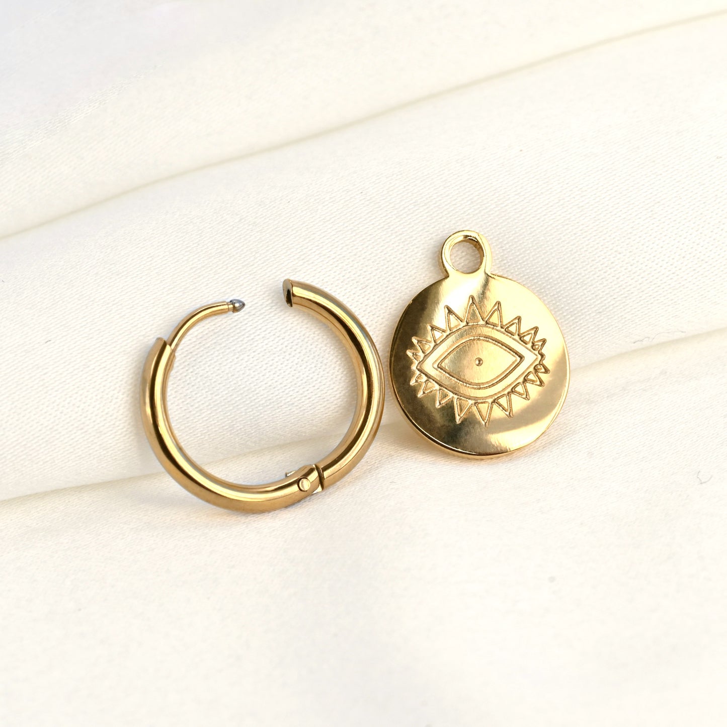 Boho Evil Eye Coin Charm Hoop Earrings - Stainless Steel