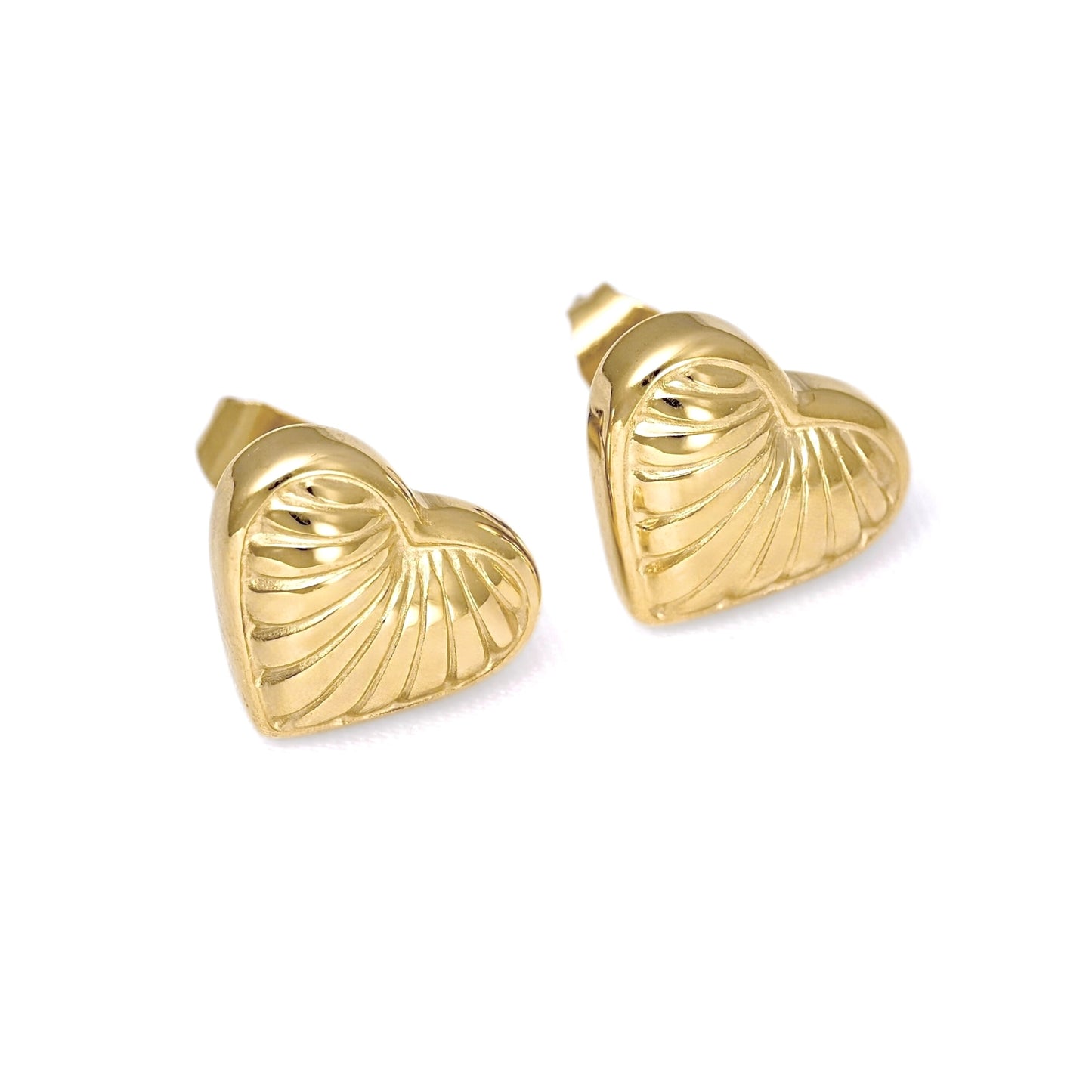 A pair of gold heart-shaped stud earrings with a textured, ribbed surface, shown on a plain white background.