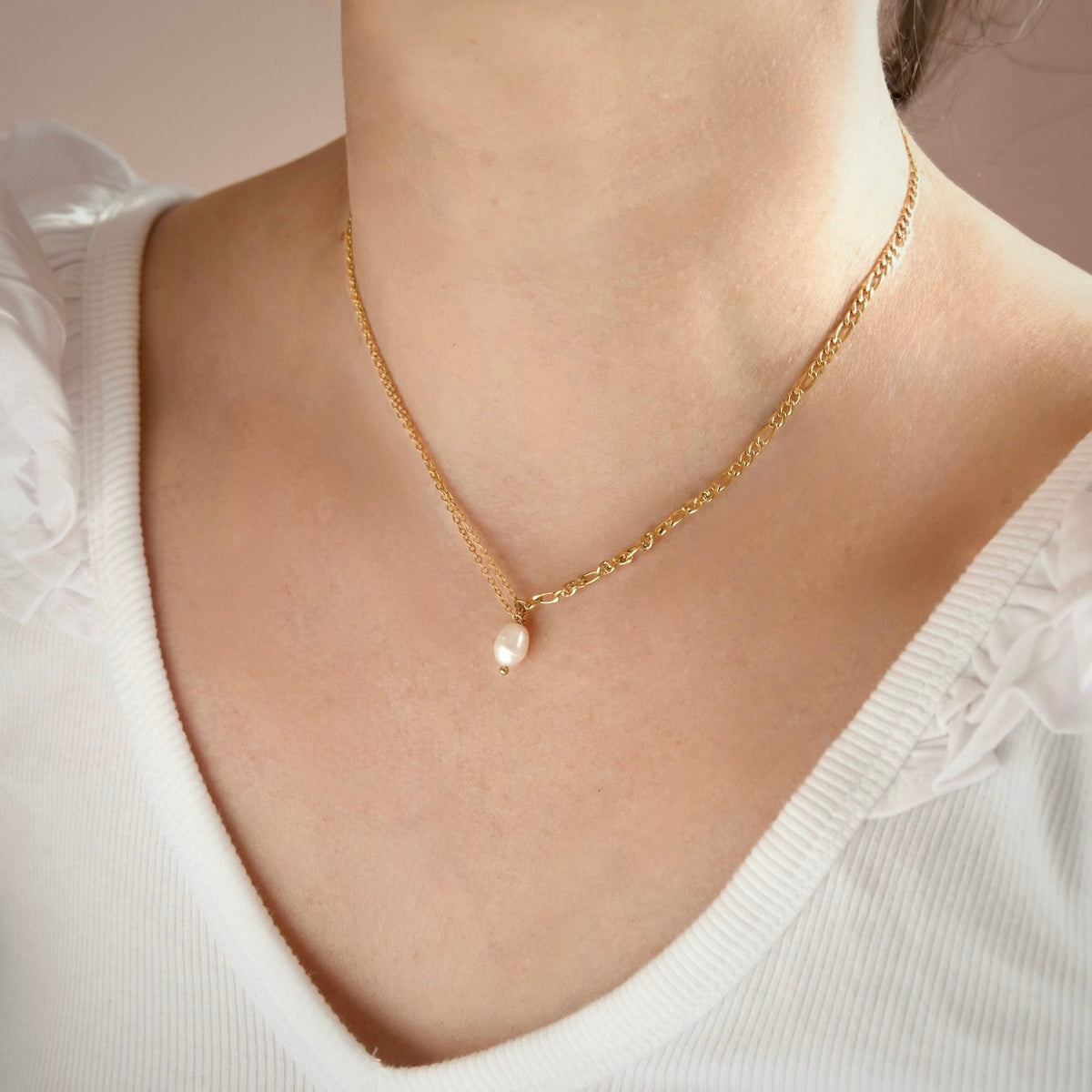 Mixed Chain Pearl Necklace - Stainless Steel Figaro & Cable