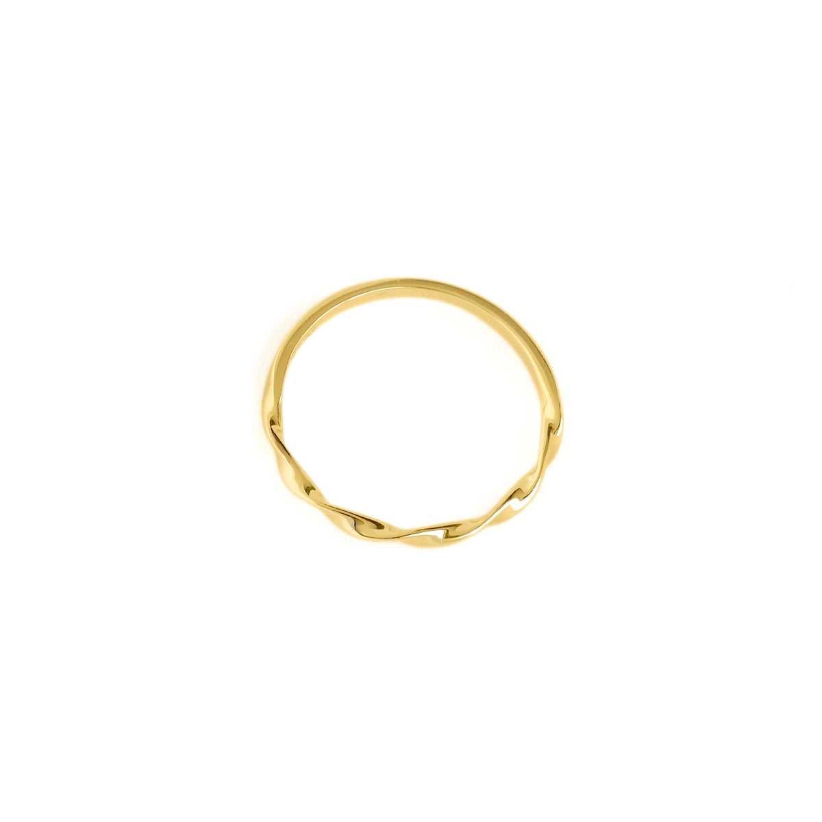 A thin gold ring with a twisted, wavy band design, centered on a plain white background.