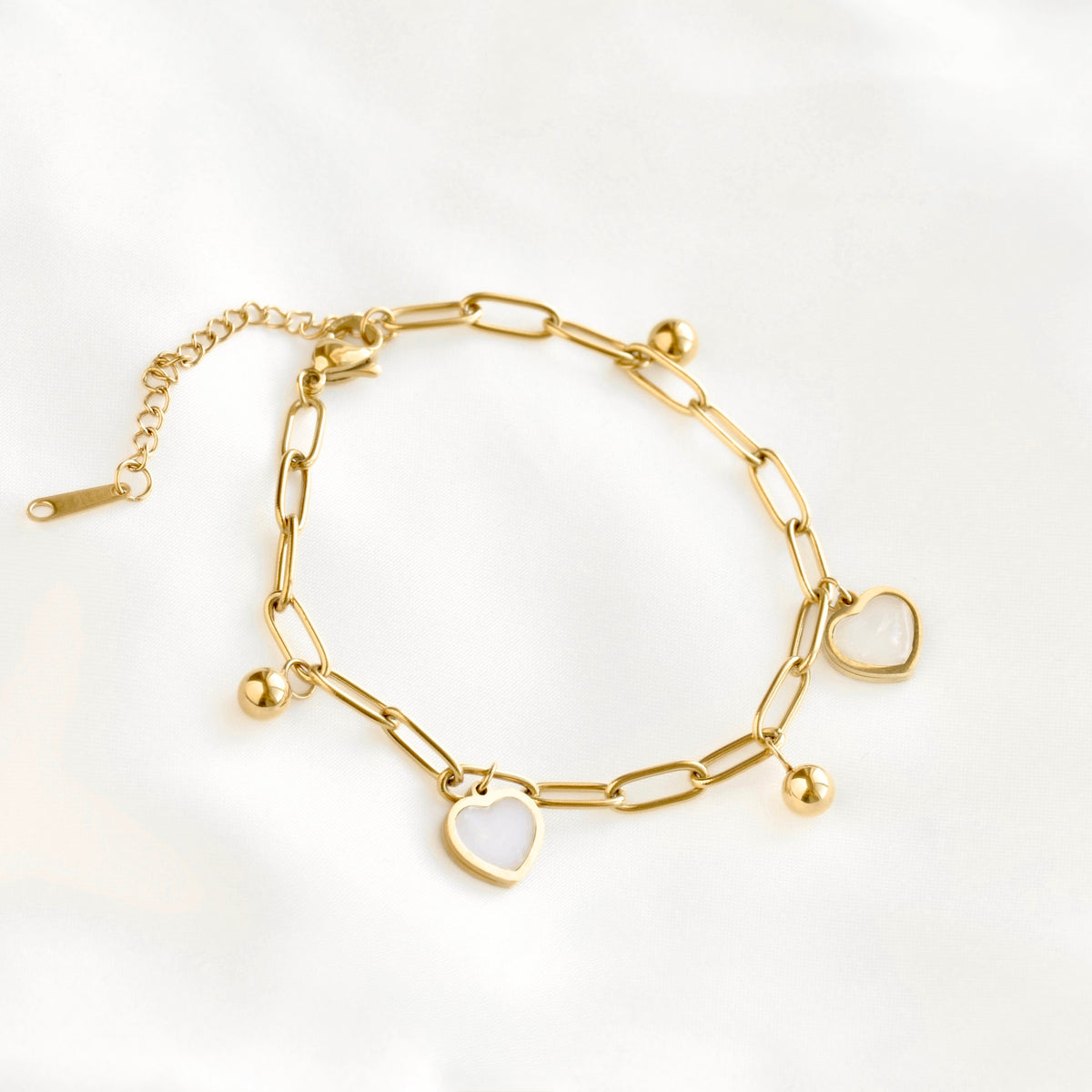 Gold Shell Inlay Paperclip Heart Bracelet - Stainless Steel