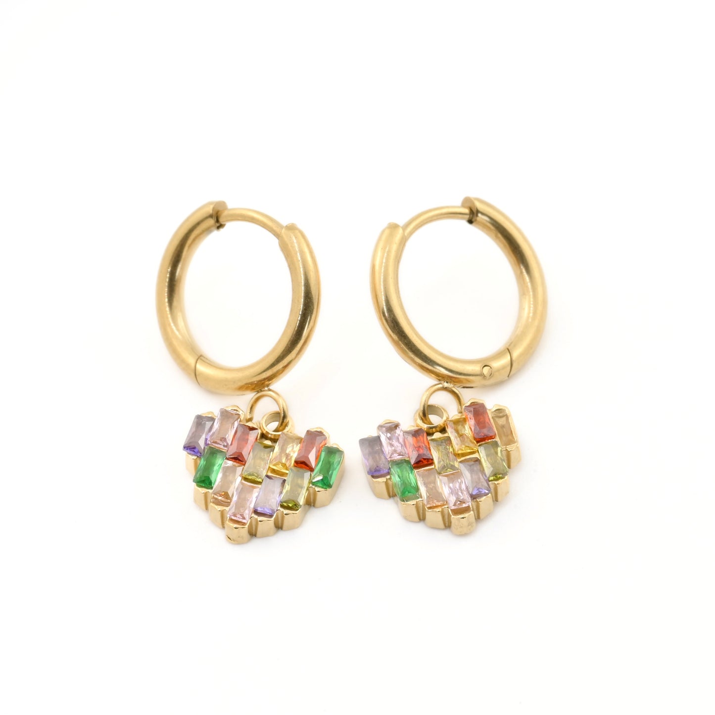 Gold hoop earrings with multicolored gemstones on a white background