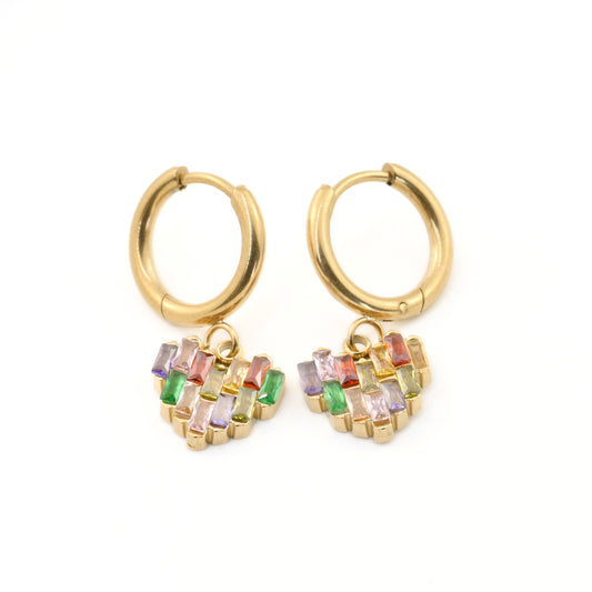 Gold hoop earrings with multicolored gemstones on a white background