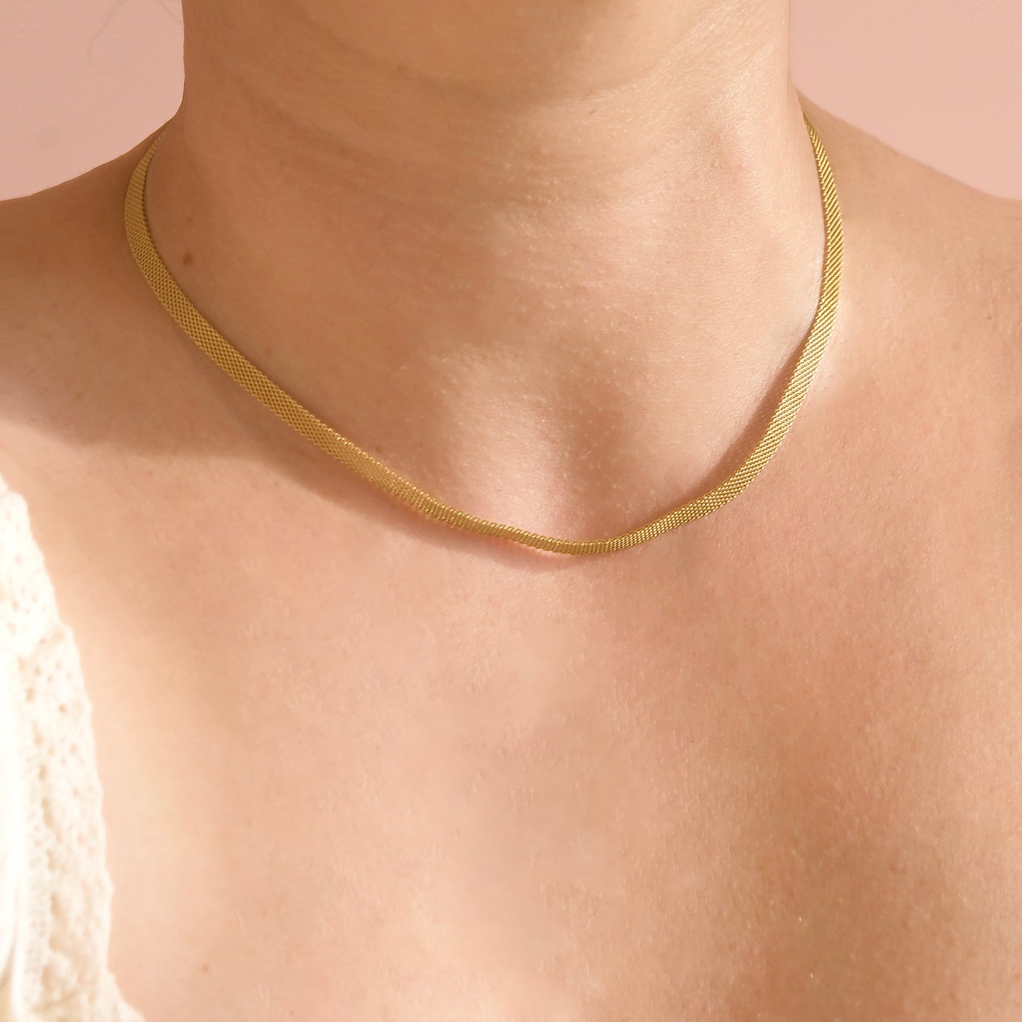 Thin Mesh Choker, Stainless Steel Mesh Herringbone Necklace - Gold & Silver - 2mm & 4mm - 14"