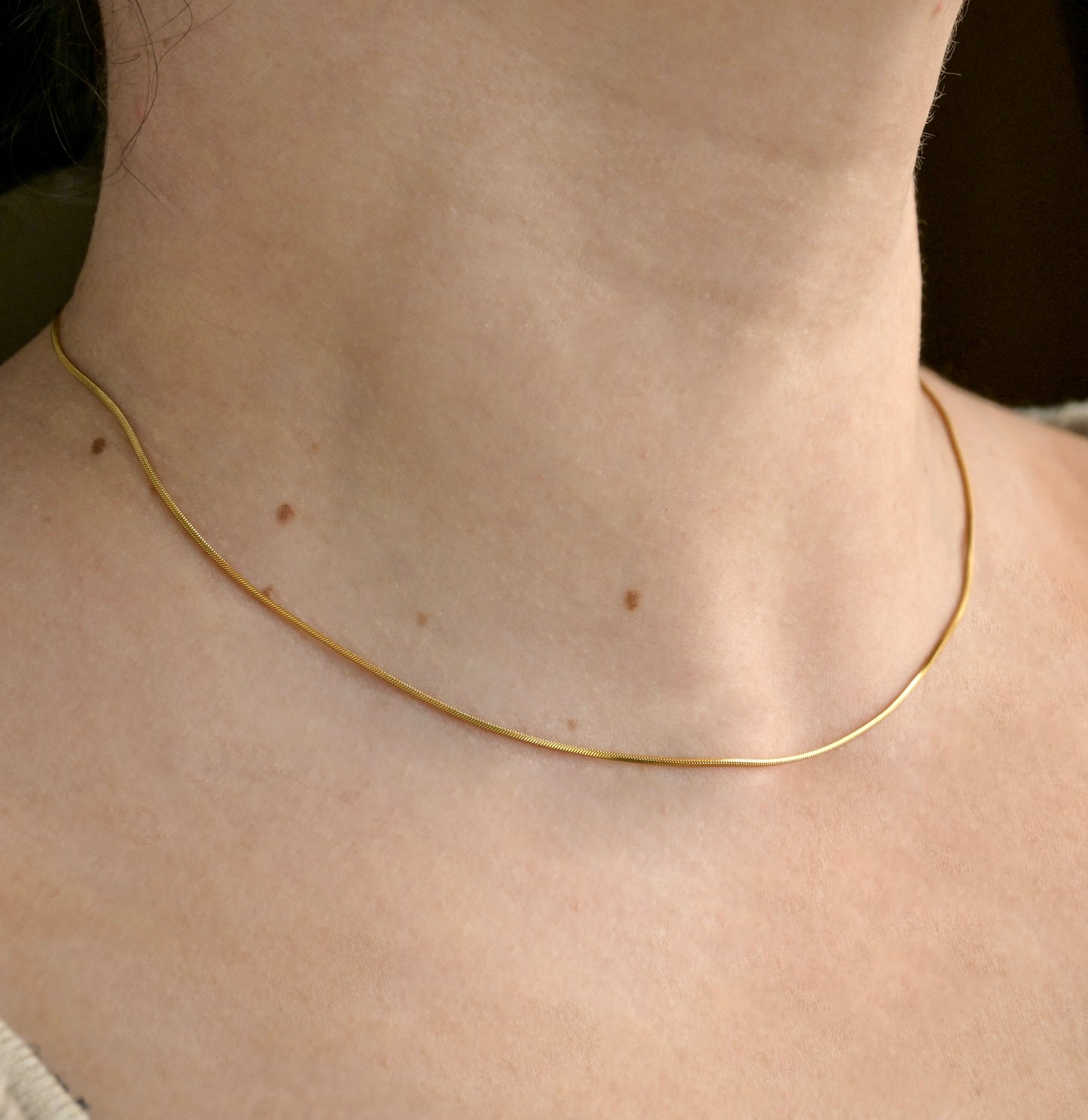 Thin Gold snake chain on a person's neck with a neutral background