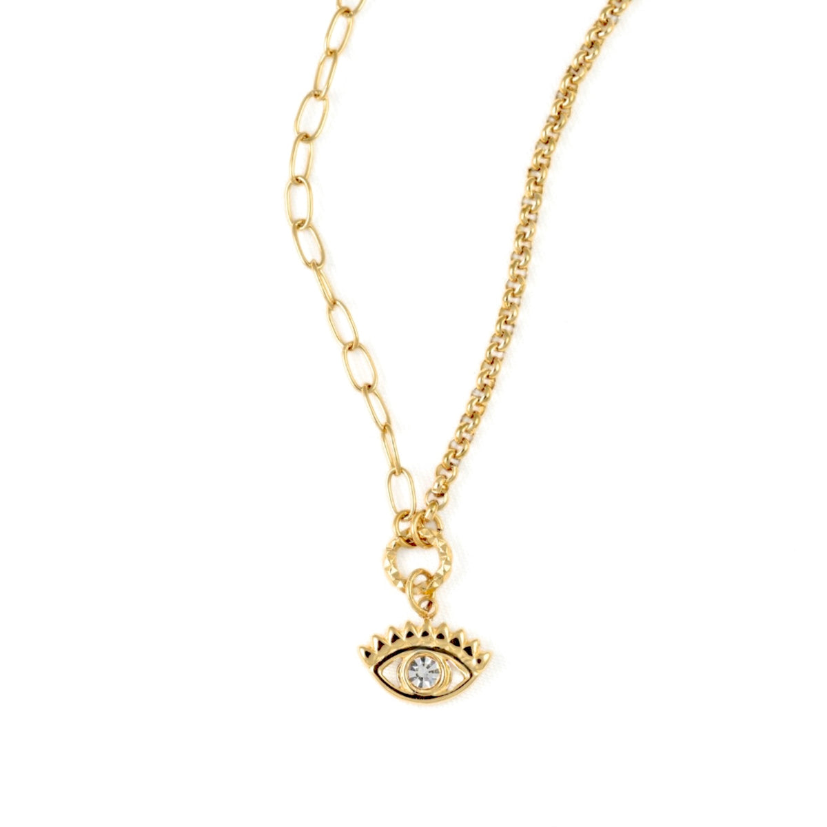 A gold necklace featuring a small evil eye pendant with a clear rhinestone, displayed on a clean white background.