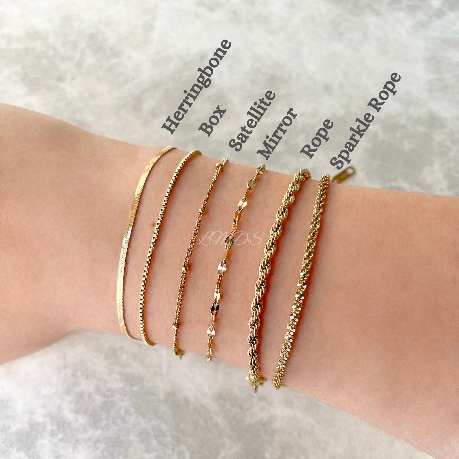 Gold bracelets on a wrist with different styles labeled.