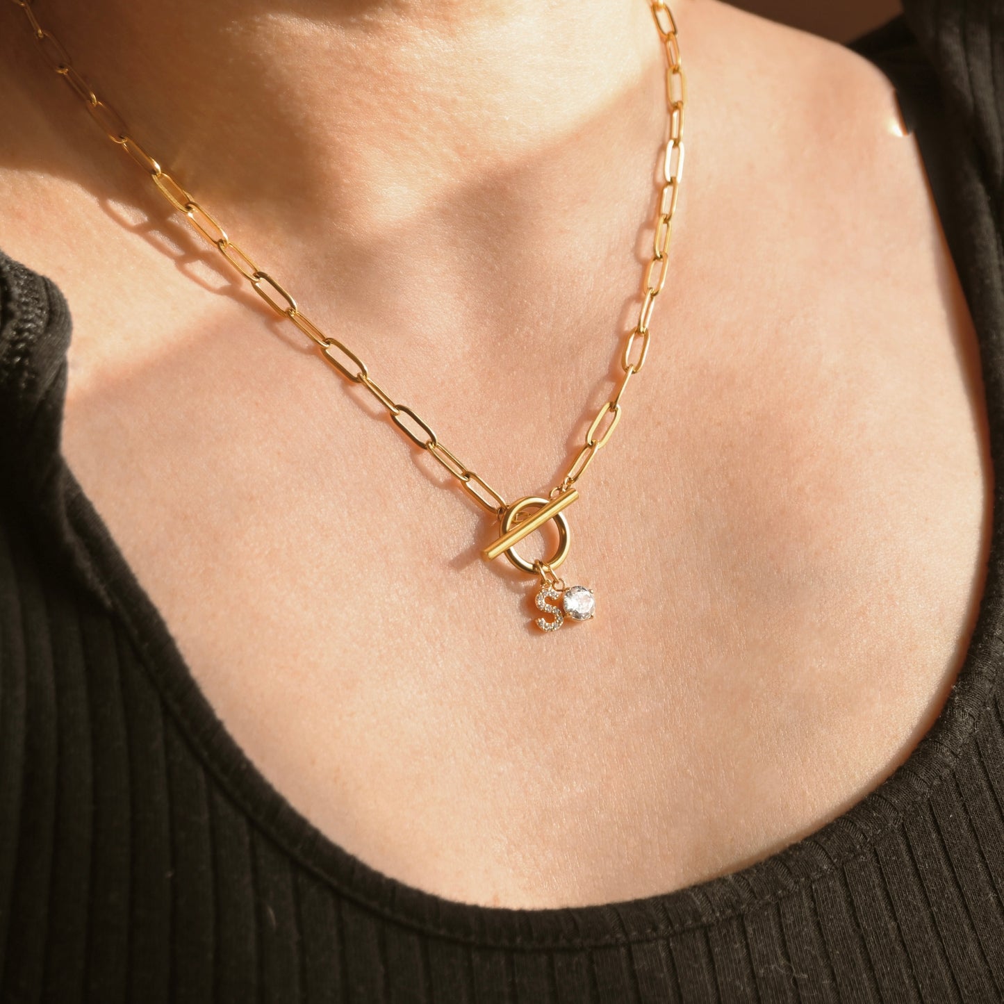 A gold chain necklace with a toggle clasp and a small dangling crystal charm, worn on a model's neck over a black ribbed top.