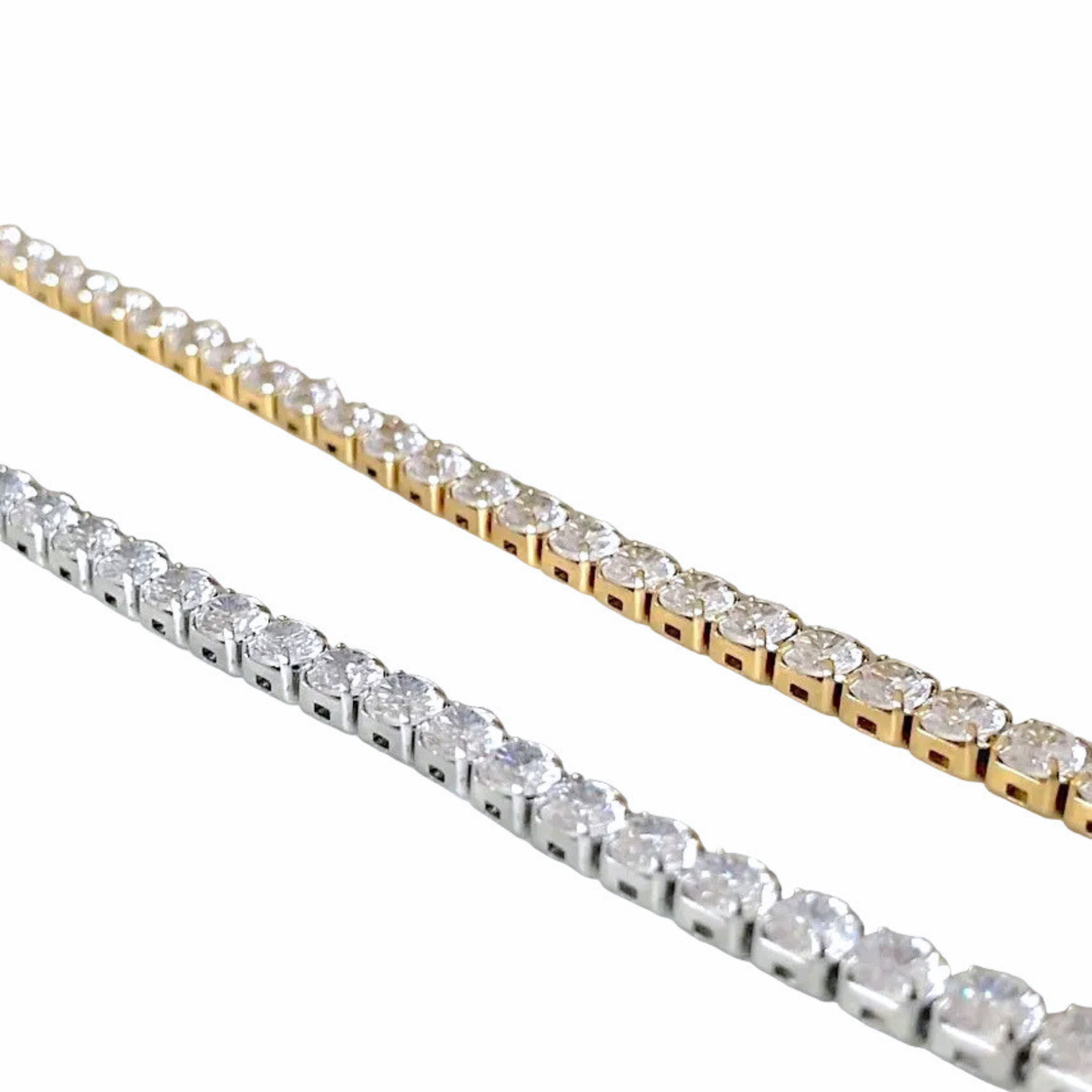 Two 4mm tennis chains, one gold and one silver, on a white background.