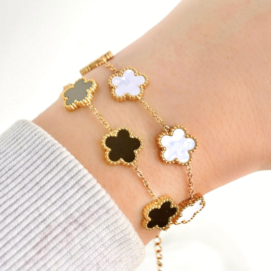 Shell Inlay Milgrain Flower Bracelet - Stainless Steel, Mother of Pearl & Onyx