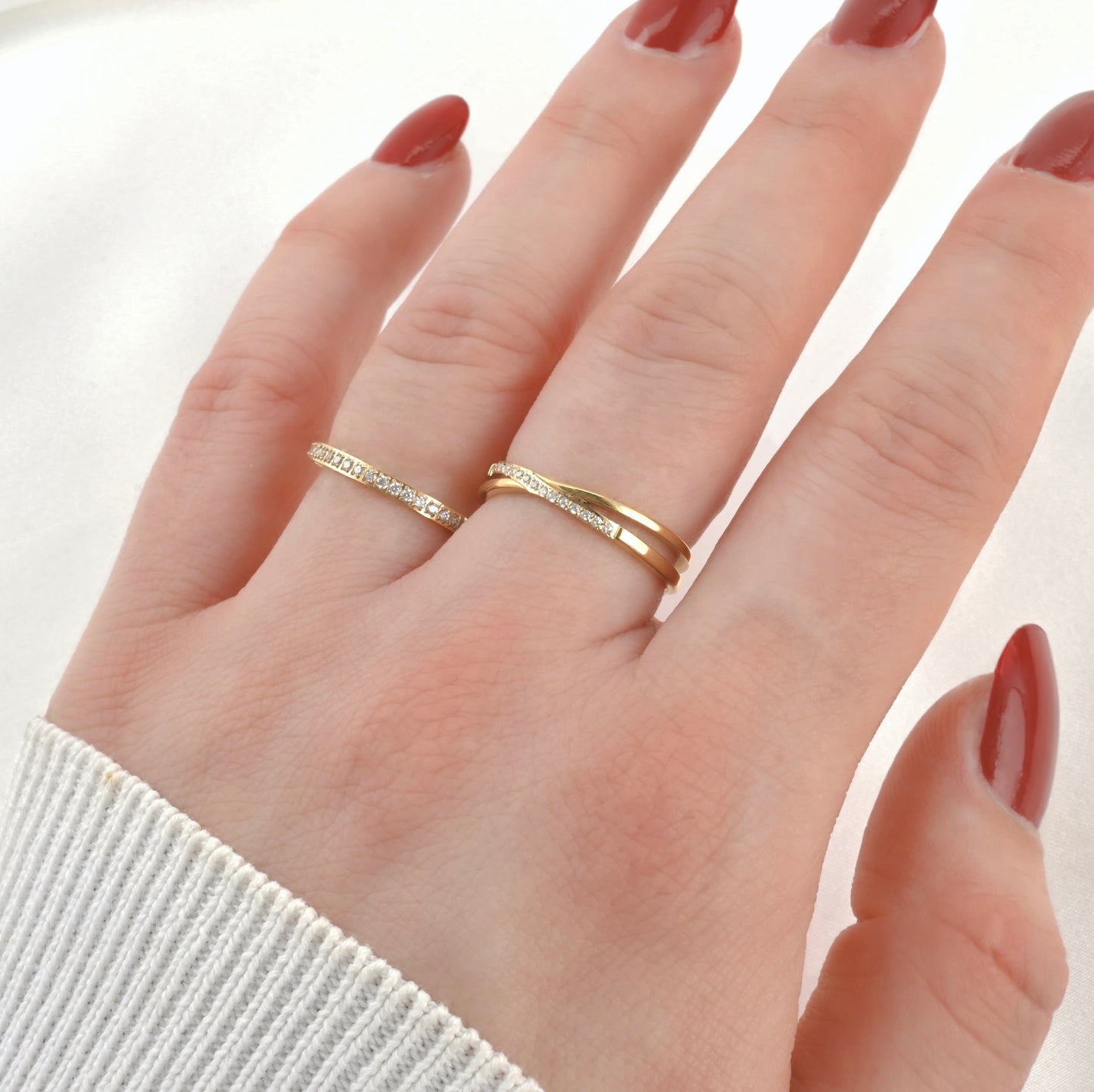 Diamond Stacker Ring Set, Gold Crossover and Straight Pavé Bands, Tarnish-free