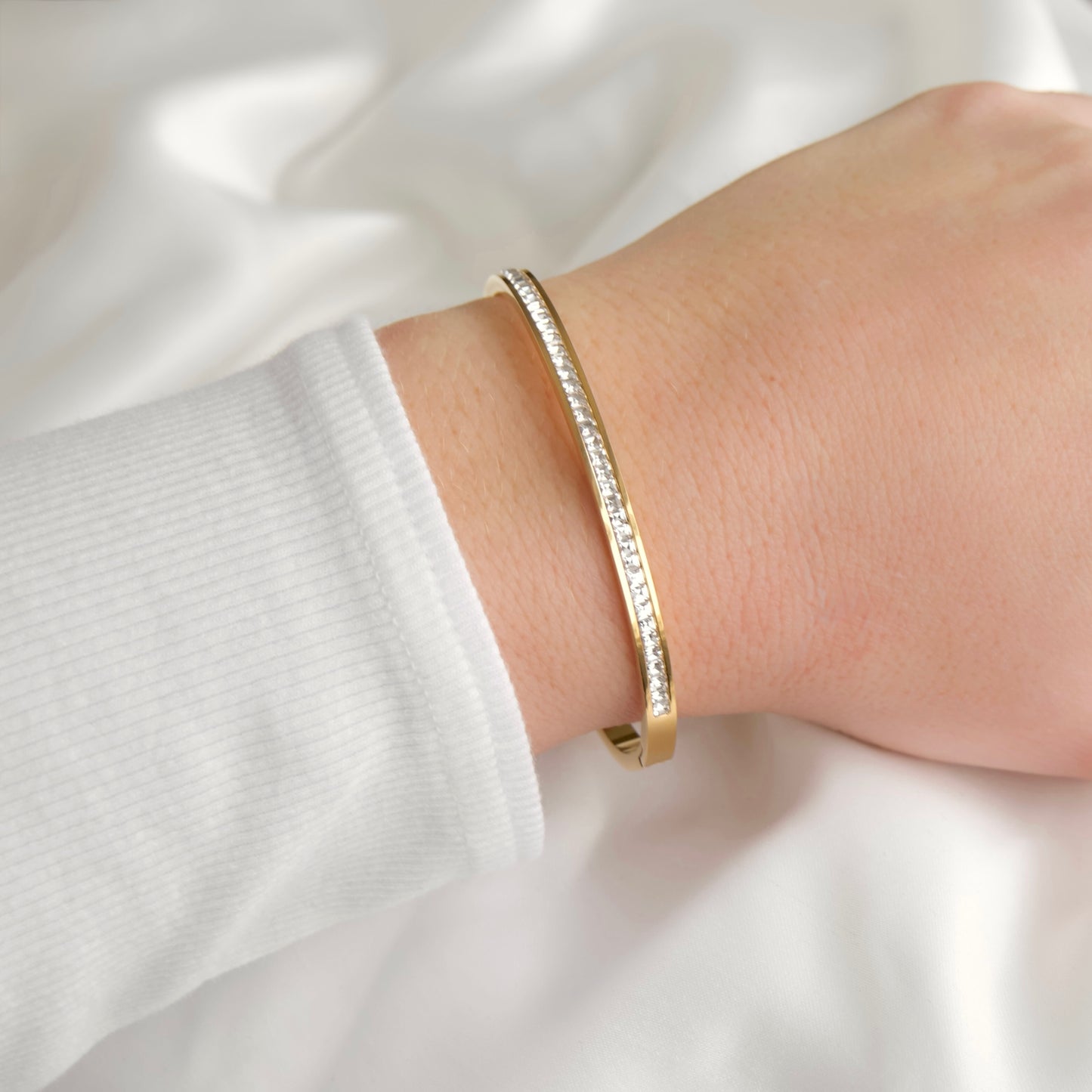 Channel-set Gold Hinged Bangle - Stainless Steel