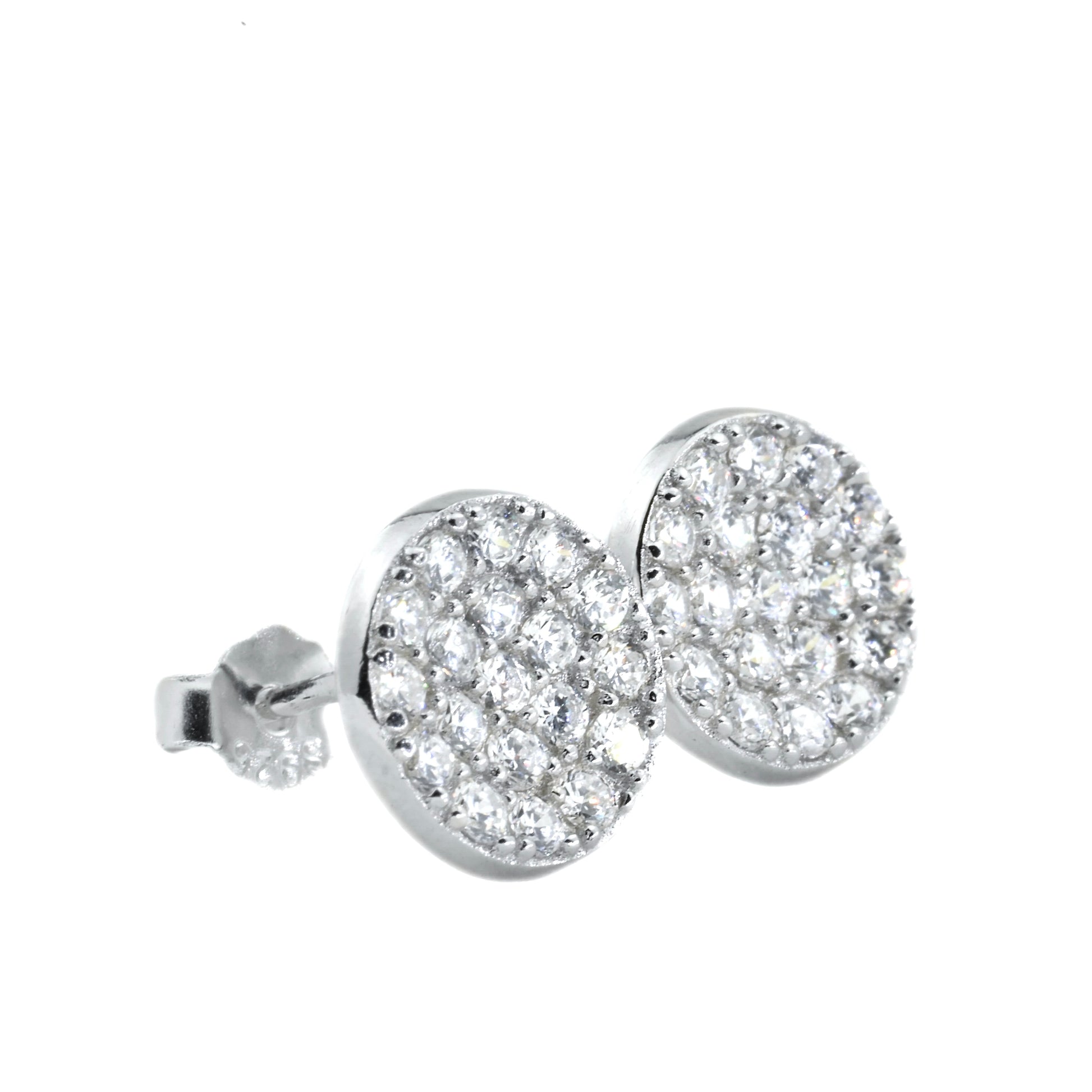 Pair of solid circle silver earrings with clear gemstones on a white background