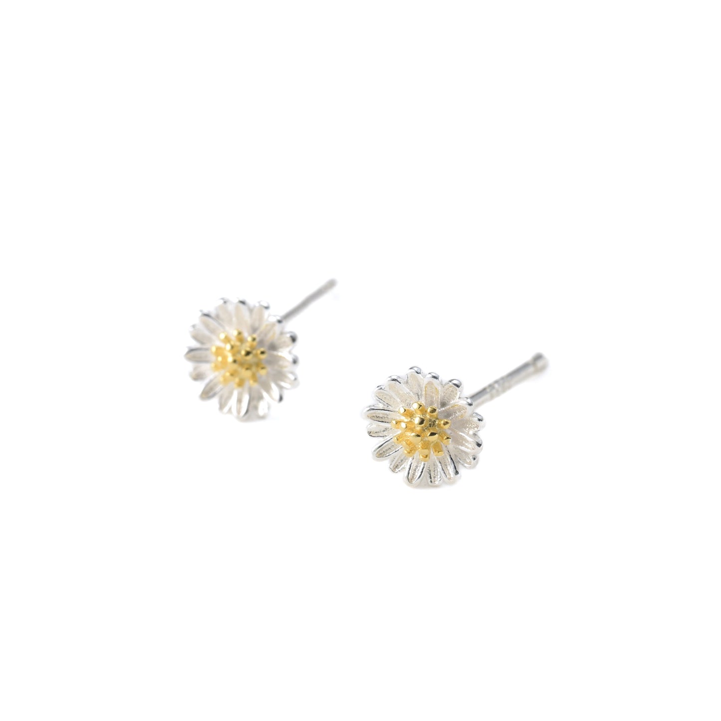 Pair of small silver daisy flower earrings with a yellow center on a white background