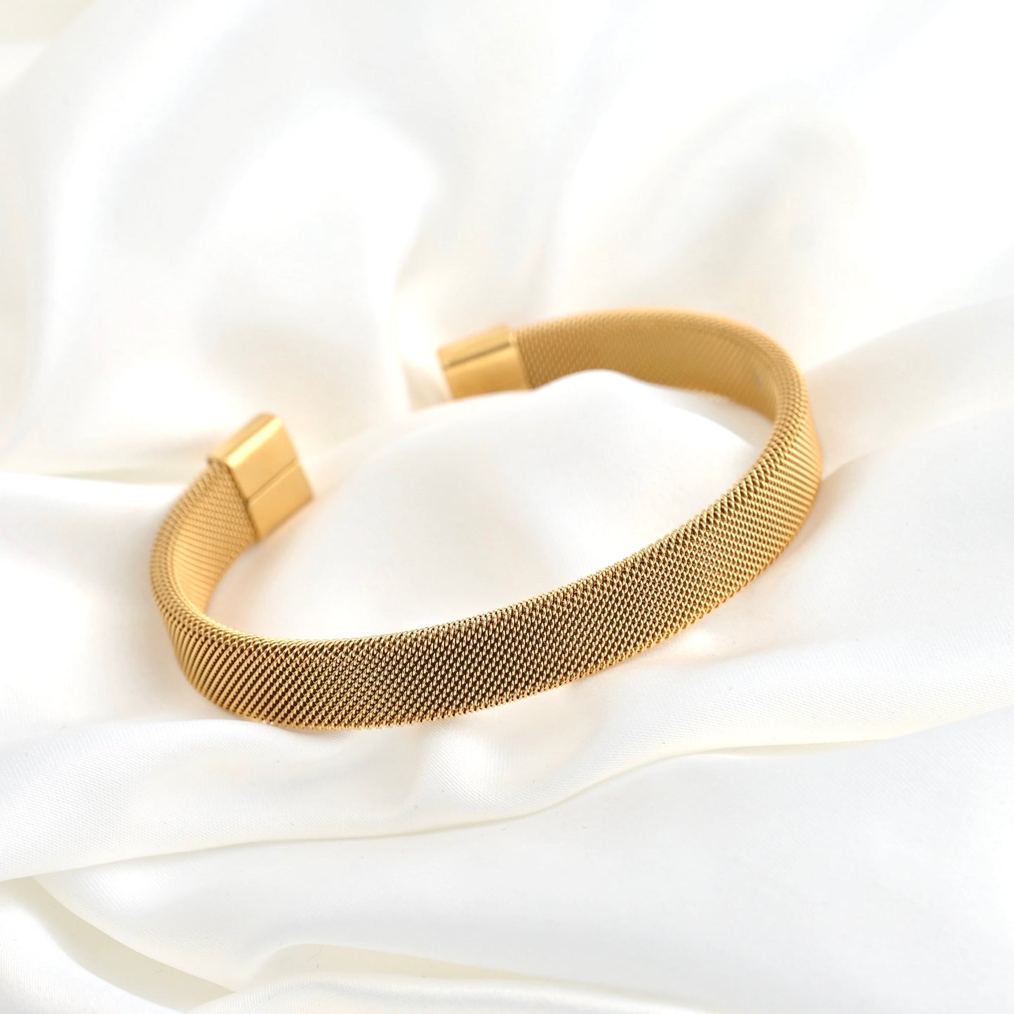 Wide Gold Mesh Cuff Bracelet - Stainless Steel Open Bangle