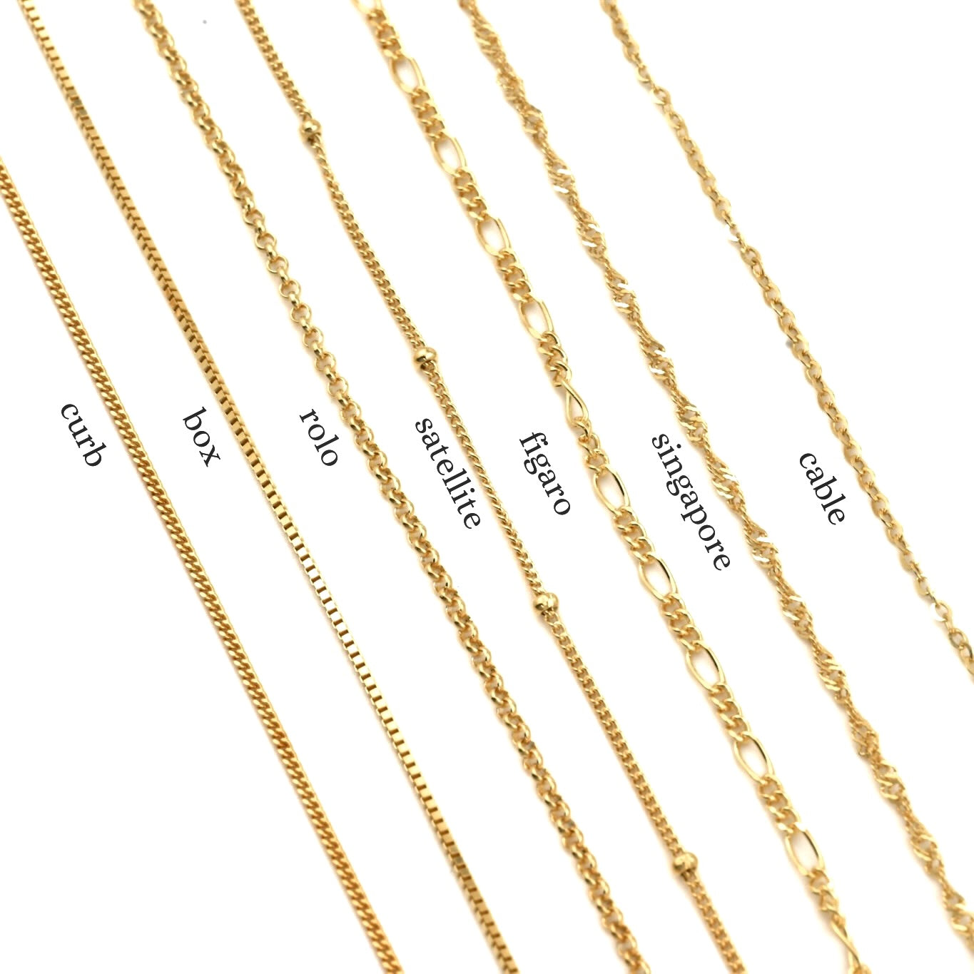 Gold chains of different designs on a white background