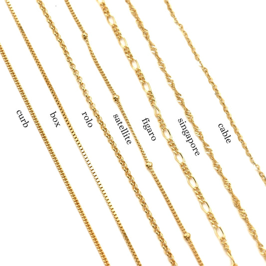 Gold chains of different designs on a white background