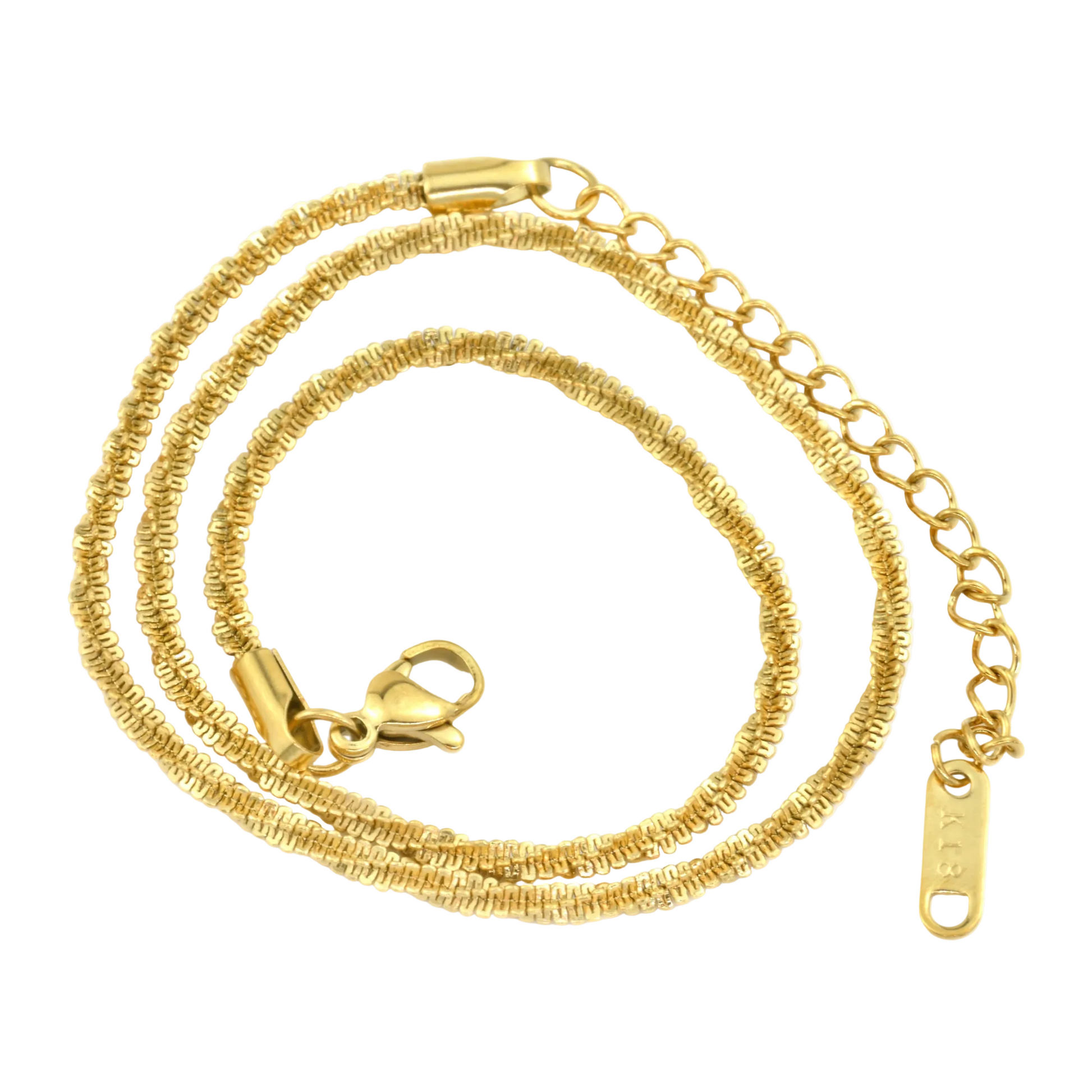 Gold sparkle rope chain necklace coiled on a white background showcasing the lobster claw clasp, extender and K18 plating tag