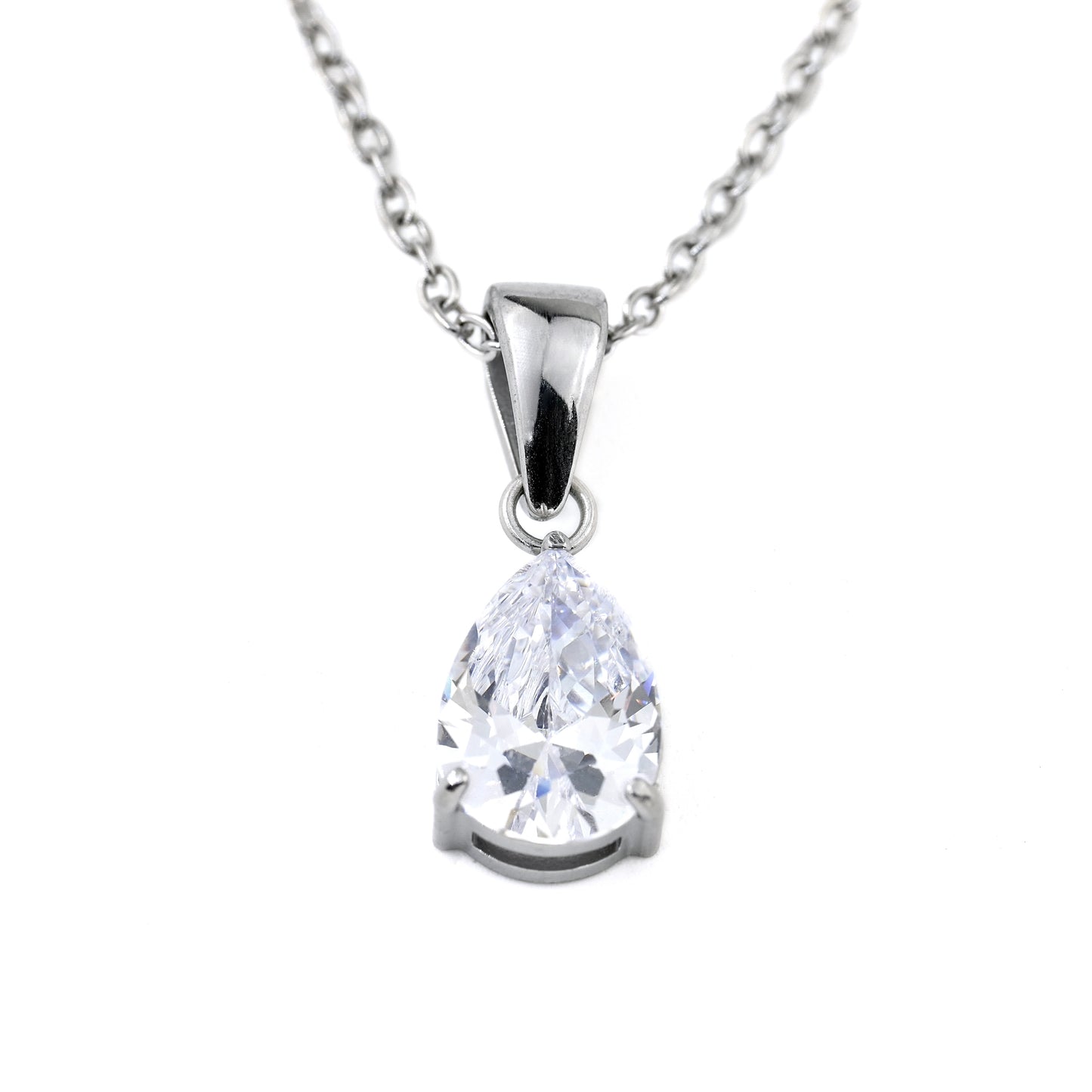 silver necklace with april birthstone 'diamond' on a white background