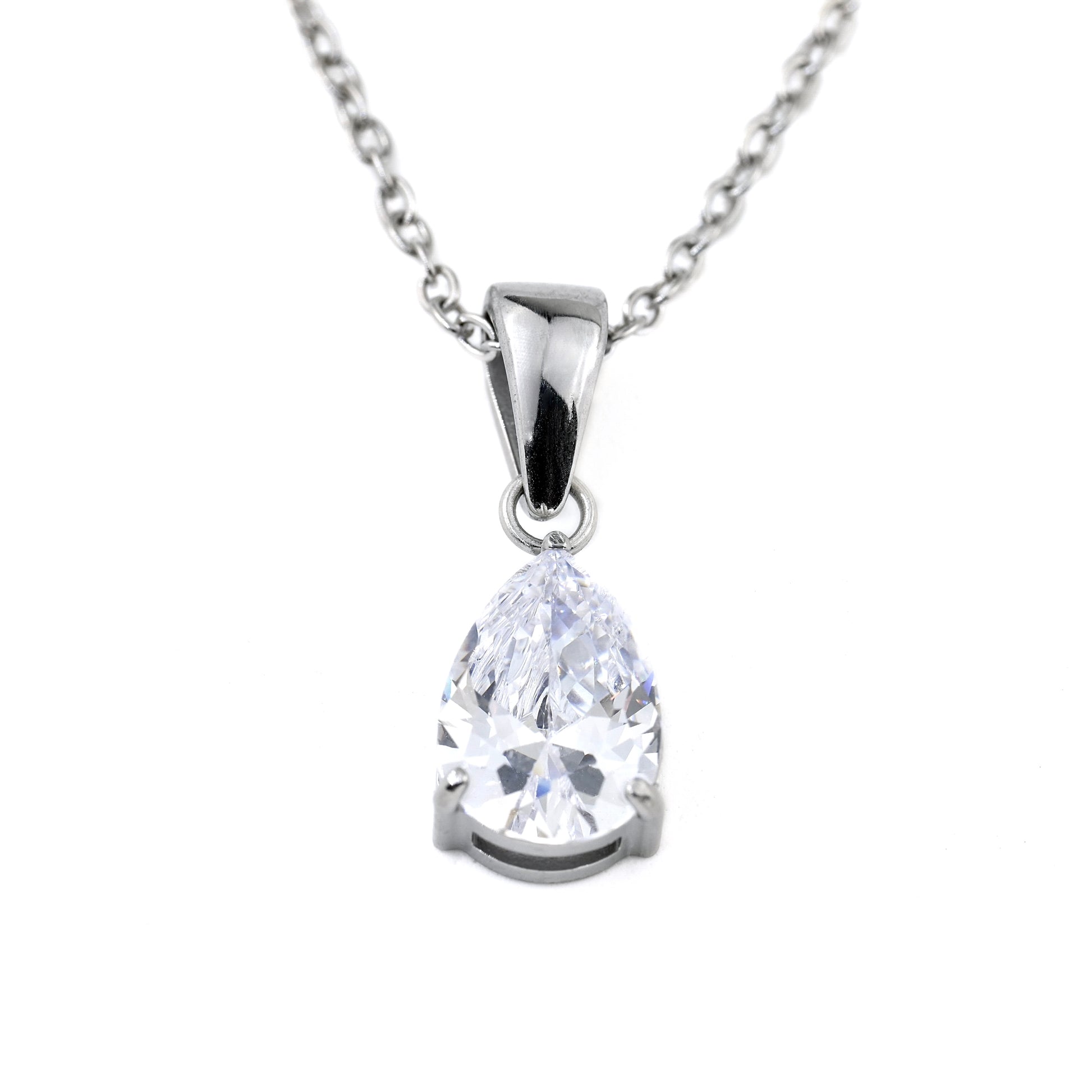 silver necklace with april birthstone 'diamond' on a white background