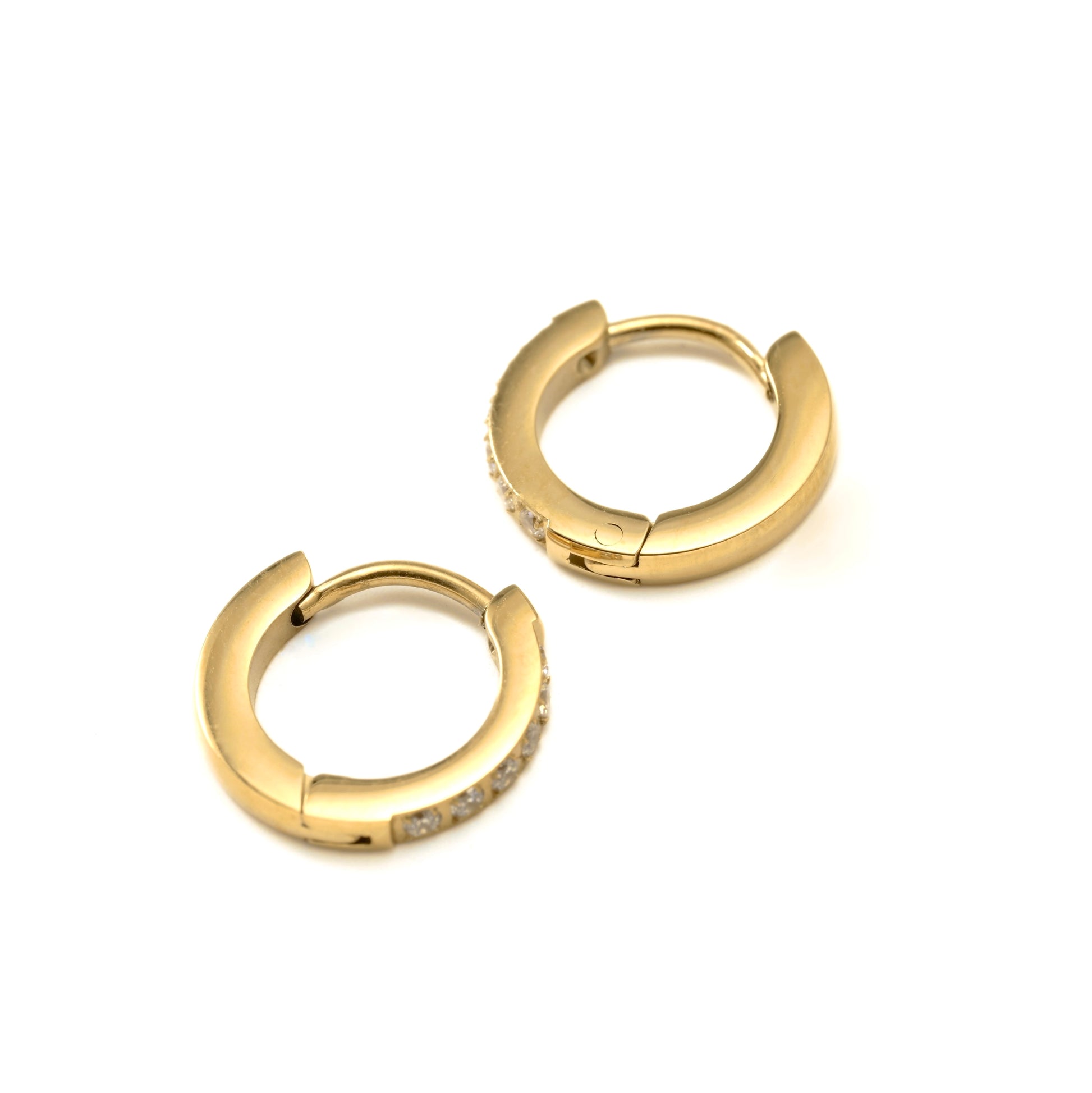 Small Gold diamond hoop earrings on a white background