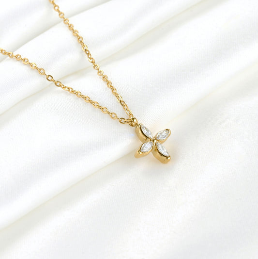Four Leaf Clover Necklace - Diamond Flower Pendant, Tarnish-free Stainless Steel