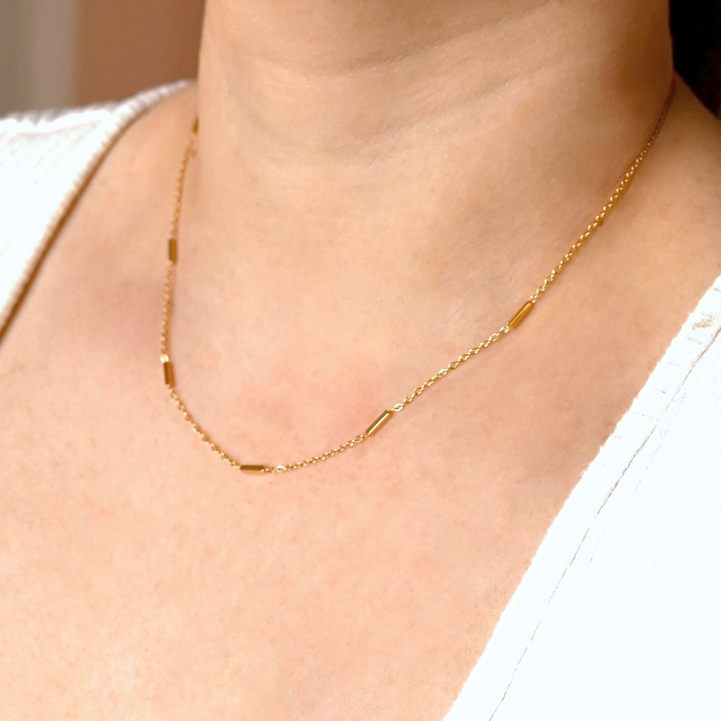 Gold Spaced Bar Chain Necklace - Stainless Steel Gold Chain