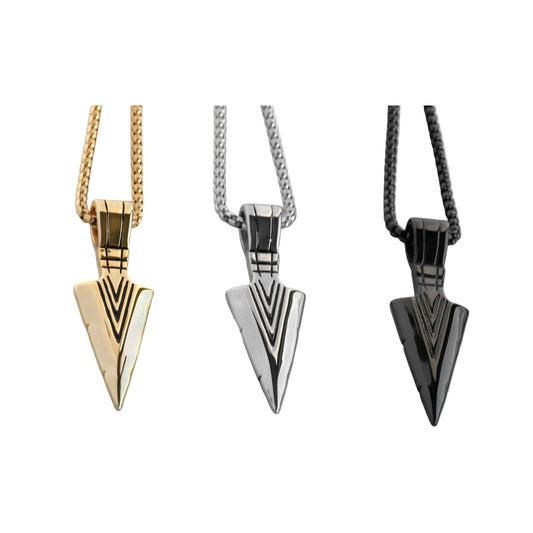 Men's Arrowhead Necklace, Spearhead Pendant, Black, Silver and Gold, 24" Box Chain